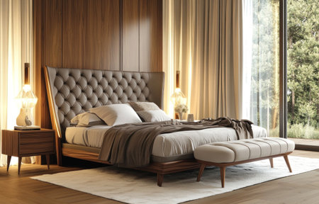 A modern bedroom with a bed, featuring gray and beige colors, a leather headboard, a large footstool, nightstands on either side of the bed, a white rug, a floor lamp, curtains, wall sconces, a large window, and wooden floors. The image is photorealistic in style. --ar 47:30 --v 6.1 Job ID: 6e7c282e-6ed5-4b8b-a670-2677e1398e1fの素材
