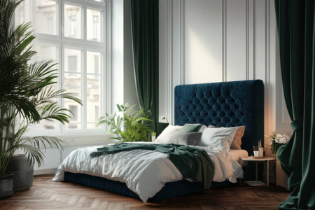 A modern bedroom with a dark blue velvet headboard, white walls, a wooden floor, a side table by the window, and a potted plant near the bed. Dark green curtains complement the Scandinavian interior design of the room. --ar 3:2 --v 6.1 Job ID: f0b1606e-a181-4a53-af0c-1bf1e32b3e94の素材
