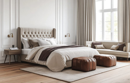 High-quality rendering of an elegant bedroom with a modern bed, side tables, and lamps. The room features light wood flooring, soft curtains on the window, and a large beige fabric headboard. A comfortable sofa is placed at one end near the foot of the bed, which is in a latte color. In front of it lie two small brown leather ottomans with silver trim, creating a cozy seating area for relaxation after work or rest in a serene atmosphere. --ar 47:30 --v 6.1 Job ID: 116abd14-a0c1-4499-ae57-57e487c31c19の素材