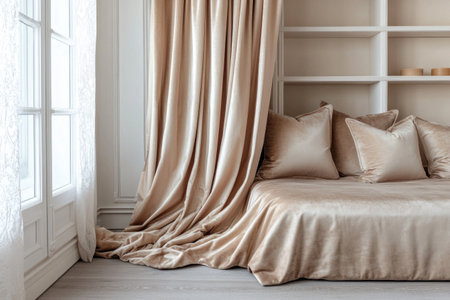 Photography of an elegant bed with beige velvet fabric, flanked by satin pillows against the window in a modern interior design style. The room features light gray wooden flooring and white walls adorned with shelves above. A soft brown curtain adds depth to the scene. Natural lighting highlights every detail of the fabric's texture and colors. --ar 3:2 --v 6.1 Job ID: a301ab27-1cc2-4b93-bc2d-318d9145c8fcの素材