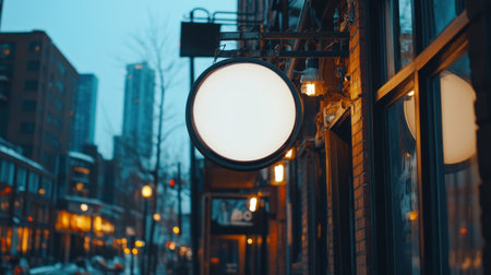 Photo of a blank, round hanging sign on an outdoor cafe wall, showcasing its white color and the black metal frame. The background features urban architecture with buildings in the distance. This shot captures a side view of the lighted display for design use. --chaos 30 --ar 16:9 --v 6.1 Job ID: be77c130-97a3-4cd4-b10d-b80b14b3b7ddの素材