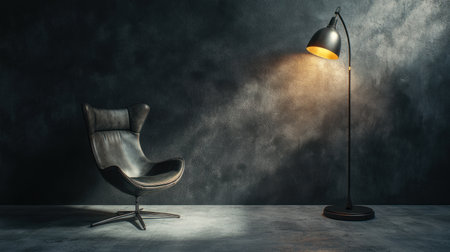 Black wall background with floor lamp and chair. Minimalist interior design of a modern living room, close-up on the black wall. Studio shot, professional color grading, soft shadows, low contrast, clean sharp focus, high-end retouched photography. --chaos 30 --ar 16:9 --v 6.1 Job ID: 7ffb0ad2-b71b-4c04-b21a-3623b430492bの素材