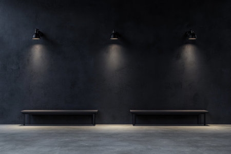 Modern black wall background with seating for an art gallery or exhibition, mockup template. A simple minimalist design of the interior space features two long benches and lighting equipment on top of them. The blank concrete floor creates negative space around the seats. This image is ideal as a presentation backdrop mock-up or for advertising creative concepts in the style of minimalist design. --ar 3:2 --v 6.1 Job ID: e0fdaf72-fe8b-412e-ad2e-15a1c6eae6e3の素材