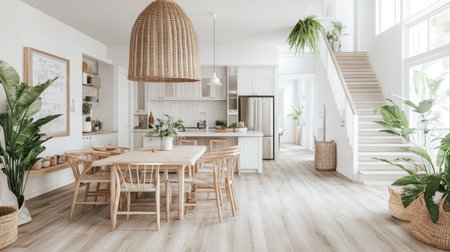 Photo of an open-concept kitchen and dining area in the style of a beachy farmhouse, with light wood floors, white cabinets, stainless steel appliances, natural lighting, white walls, a staircase to the right side, a large island table with chairs on one end, a large wicker pendant hanging above it, boho decor, plants, and a bright and airy, coastal feel. --chaos 30 --ar 16:9 --v 6.1 Job ID: 95c81e8c-e237-4a83-bcc4-12800fefc0d5の素材