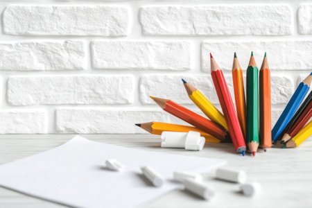 Photo of a minimalist desk with office supplies against an empty white brick wall background, in the style of a white brick style. Web banner with copy space on the right. --ar 3:2 --v 6.1 Job ID: edf3fb18-206b-4b01-981b-b65ba357c5d8の素材