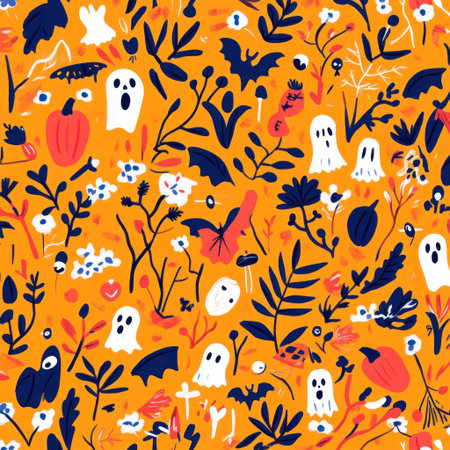 A vibrant orange pattern filled with Halloween symbols like pumpkins, ghosts, and skeletons, perfect for adding fun to your design projects. --v 6.1 Job ID: c45443ba-2046-47fe-8a46-470ddabc1967の素材