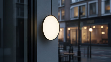 Photo of a blank, round hanging sign on an outdoor cafe wall, showcasing its white color and the black metal frame. The background features urban architecture with buildings in the distance. This shot captures a side view of the lighted display for design use. --chaos 30 --ar 16:9 --v 6.1 Job ID: be77c130-97a3-4cd4-b10d-b80b14b3b7ddの素材