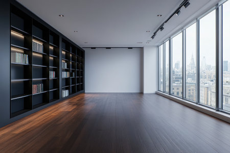 Modern, empty room with white walls and black bookshelves, wooden floor, and a large window. 3D rendering mockup of an interior design in a minimalist style for an office or apartment. Minimalist interior concept. 8K resolution, ultra-realistic photography. --ar 3:2 --v 6.1 Job ID: e269d9a6-79ec-42e3-9872-a05b7109b0f8の素材