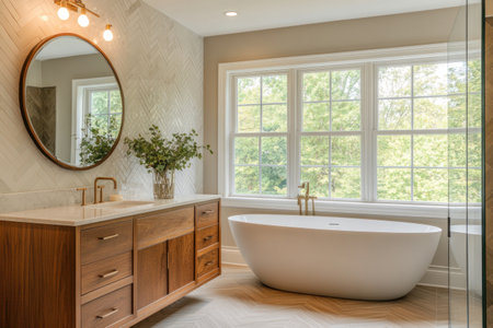 Modern bathroom interior with herringbone tiles, a round mirror, and wooden furniture. A glass screen for the tub or the room. --ar 3:2 --v 6.1 Job ID: f1d26d61-0dd0-41a9-9efa-de6fd76d9020の素材