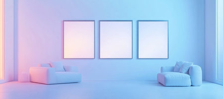 Modern living room interior with three blank wall frames on a light blue and white color background, a minimalistic home design mockup template for artwork or a poster, a white sofa, and decorative elements, with a natural light effect in the style of realistic photography. --ar 67:30 --v 6.1 Job ID: 846e4b54-ed42-4a21-8048-c66b09b66240の素材