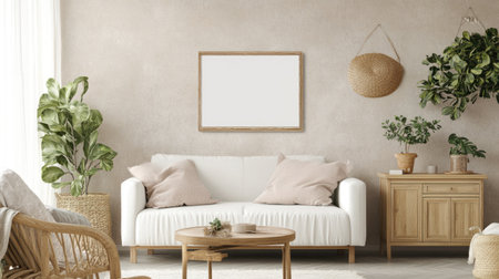 Minimalist living room with white sofa and blank picture frame mockup on the wall, high-definition image captured by a Canon EOS camera. --chaos 30 --ar 16:9 --v 6.1 Job ID: 20d8ecd4-d42a-40eb-b870-5c26f79c4141の素材