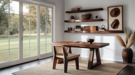 Photo of an office with built-in shelves, a wooden desk and chair, modern farmhouse-style decor, boho accent lighting, and natural light. Shot on a Sony A7R V with an f/2 lens. --chaos 30 --ar 16:9 --v 6.1 Job ID: 43309a03-b815-4b8a-be43-9f76449748aeの素材