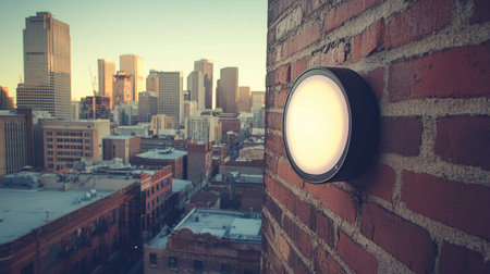 Photo of a blank, round hanging sign on an outdoor cafe wall, showcasing its white color and the black metal frame. The background features urban architecture with buildings in the distance. This shot captures a side view of the lighted display for design use. --chaos 30 --ar 16:9 --v 6.1 Job ID: be77c130-97a3-4cd4-b10d-b80b14b3b7ddの素材