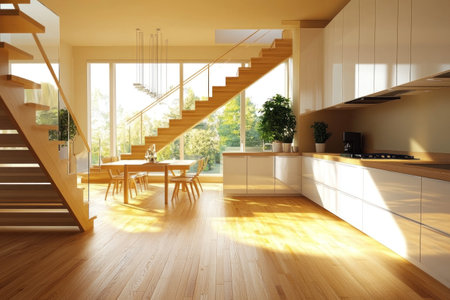 Modern kitchen interior with wooden floor and white cabinets, dining table near window, and a staircase in the background. Scandinavian home design concept. 3D rendering illustration of a modern, minimalistic style apartment interior. Stock photo with 2/3 space for text. --ar 3:2 --v 6.1 Job ID: 6dc258a2-4d97-43fb-9f0f-e2d7a1a5d814の素材