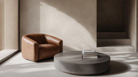 Minimalist interior design of a modern living room with an empty concrete wall and a vintage leather chair near a grey stone coffee table with books on a white floor. --chaos 30 --ar 16:9 --v 6.1 Job ID: f7a0b480-8311-4b4d-b18d-3503f6a56207の素材