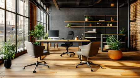 Modern office interior with gray concrete walls, wooden flooring, and large windows. The room features two chairs in neutral tones, an elegant desk with a white computer monitor and a black chair, and shelves filled with decorative items. A modern coffee table sits near the window on one side of the space. --chaos 30 --ar 16:9 --v 6.1 Job ID: 07584e3c-aadf-4377-9d78-f88bebe44ccaの素材