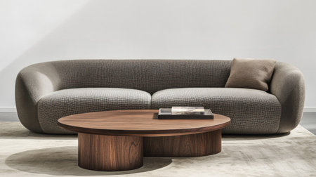 Minimalist interior design with a gray sofa and coffee table against an empty wall, a panoramic banner for a website presentation or promotional material. --chaos 30 --ar 16:9 --v 6.1 Job ID: 87938ba8-0714-426c-bf41-cadc4355a83dの素材