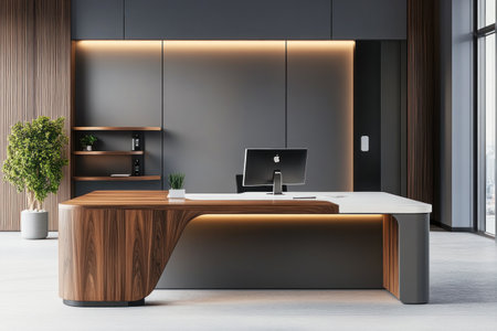 Modern office interior with a gray wall, a white desk, and a wooden computer table in front of it. The left side has copy space. This is a mock-up concept for a design project, with a photorealistic, high-resolution, highly detailed, cinematic, natural-light, sharply focused image, shot on a Canon EOS R6 Mark II. --ar 3:2 --v 6.1 Job ID: fdedcf19-0641-4e96-8e3c-30bd40da2788の素材