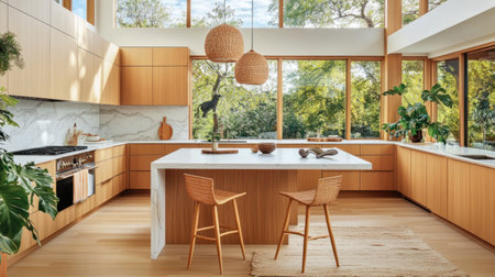 Photo of an organic modern kitchen with light wood cabinets, white marble island top, and natural stone backsplash. Large windows in the background show outdoor space. Rattan pendant lights hang above the center island. Two wooden barstools are at one end of the room. The wood floor has a rug on the ground, and plants are throughout. The color palette is warm and neutral, with a modern farmhouse style design. Natural lighting streams in from a large skylight. --chaos 30 --ar 16:9 --v 6.1 Job ID: c3634e0f-c03d-4e1e-a9d0-e81b800d81eeの素材