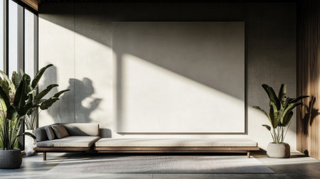Photo of a minimalist living room with an empty wall mockup, featuring soft gray tones and modern furniture. Web banner with copy space on the right. --chaos 30 --ar 16:9 --v 6.1 Job ID: 350b7688-d025-4498-8dfa-aa5f220b0747の素材