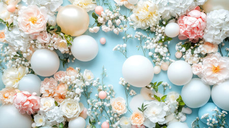Backdrop composition, creamy pastel-colored flowers and blue cloud background with lots of white balloons and pink peonies and small green plants, cake smash aesthetic. --chaos 30 --ar 16:9 --v 6.1 Job ID: 016d1f9b-bc1c-4670-bcf3-58076f001e63の素材