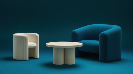 Modern interior design of a living room with a blue sofa and a white wooden table on a dark teal wall background, with space for an advertising banner, a mock-up concept, in the style of [Artist name]. --chaos 30 --ar 16:9 --v 6.1 Job ID: 6d2562a1-e61c-4d90-aea3-78722a5da901の素材