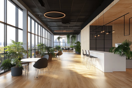White mock-up wall in a modern office interior with a black ceiling, panoramic windows, and a wooden floor with a white table and chairs near it. --ar 3:2 --v 6.1 Job ID: 7c9ce60a-437e-4fe8-ba3b-dc3ae323f966の素材