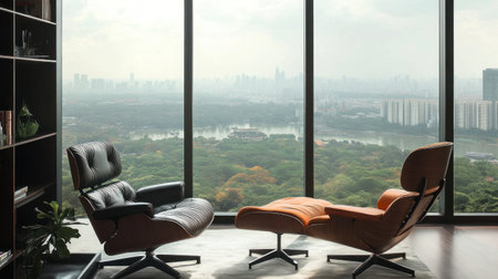 Photographer Chen Man's fashionable photography style features dark coffee, light gray and amber tones of high-end texture, metal legs, octane rendering, large floor-to-ceiling windows, black leather sofa with orange cushions, an Eames lounge chair in the center, green plants as decorations, warm hues, and a sense of space --chaos 30 --ar 16:9 --v 6.1 Job ID: 3995d0f6-159a-48e6-8cf3-4719d8f251b6の素材