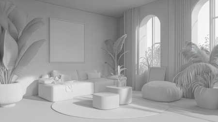 Minimalist living room with white sofa and blank picture frame mockup on the wall, 3D rendering, 8K, realistic, hyperrealistic, high resolution, in the style of Canon EOS Mark III, f/2 lens. --chaos 30 --ar 16:9 --v 6.1 Job ID: 15ca80a0-35f1-4342-912c-aa4bfea923e7の素材