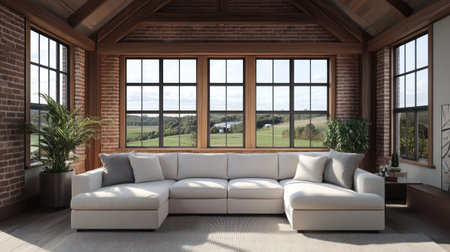 Modern farmhouse living room with a white sofa, rustic wooden furniture, and brick walls. Wooden windows and natural light create an inviting atmosphere. --chaos 30 --ar 16:9 --v 6.1 Job ID: f65eb4d3-1145-440c-a502-71b60cb6501eの素材