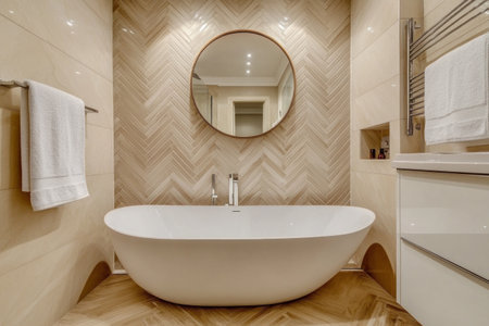 Modern bathroom interior with herringbone tiles, a round mirror, and a bathtub near the wall. --ar 3:2 --v 6.1 Job ID: a4916395-f918-4f72-adf2-fc867c6fd47dの素材