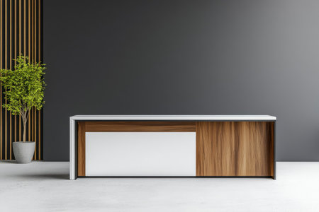 Modern office interior with a gray wall, white desk, and wooden sideboard. This is a mock-up for your design presentation. The minimalist concept of a working space in a business center. --ar 3:2 --v 6.1 Job ID: 5f87cb3a-8e7a-4361-a138-56f16769f22aの素材