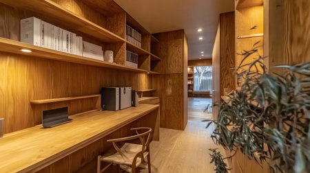 Photo of an office with built-in shelves, a wooden desk and chair, modern farmhouse-style decor, boho accent lighting, and natural light. Shot on a Sony A7R V with an f/2 lens. --chaos 30 --ar 16:9 --v 6.1 Job ID: 43309a03-b815-4b8a-be43-9f76449748aeの素材