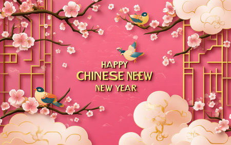 Cute Chinese-style window decoration with gold foil lettering "HAPPY CHINESE NEW YEAR" and bird pattern, cherry blossom tree branches, and auspicious clouds on a pink background. Flat illustration, paper-cut art, paper cutout style, flat composition, symmetrical layout, bright colors, festive atmosphere, traditional cultural elements. In the style of traditional Chinese art. --ar 8:5 --v 6.1 Job ID: fbcd799a-5b68-4e1d-96ee-a4e56eaf90dcの素材