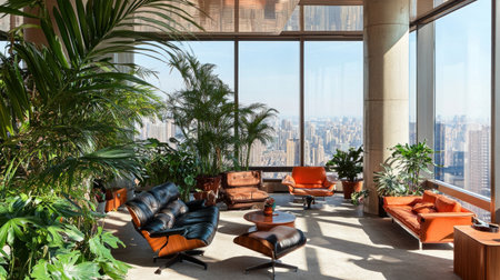 Photographer Chen Man's fashionable photography style features European modern and luxurious single person leather sofa, featuring deep black gray color accents with octane rendering. The classic American retro eames chair is placed in the living room of an apartment building on high-rise buildings, surrounded by floor-to-ceiling windows. In front of it stands tall plants, orange pillows, coffee tables, wooden side cabinets filled with exquisite accessories. They exude warm light, creating cinematic lighting effects. Wide angle lens, depth of field effect, and high resolution. --chaos 30 --ar 16:9 --v 6.1 Job ID: 36127d33-cf1b-4b30-9832-54a0b0562551の素材