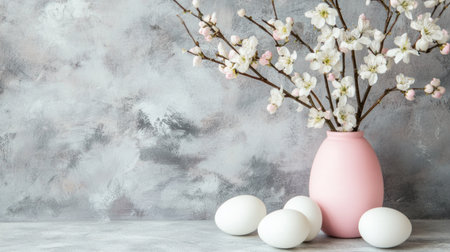 White Easter eggs and a pastel pink vase with white flowers on a table against a grey wall background, with copy space for text. --chaos 30 --ar 16:9 --v 6.1 Job ID: 9c0f4383-8367-43a5-942a-b253ddc1f827の素材