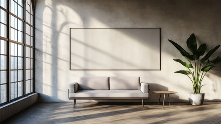 Photo of a minimalist living room with an empty wall mockup, featuring a sofa and coffee table. Web banner with copy space on the right. --chaos 30 --ar 16:9 --v 6.1 Job ID: f2d996ce-e0f3-4c8d-81cf-14c0e70025ccの素材