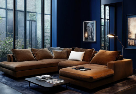 Modern living room with a brown sofa and coffee table against a dark blue wall, a floor lamp casting light on the scene. --ar 43:30 --v 6.1 Job ID: 212d9e07-a4d7-4e83-84d1-98ce1a7ee053の素材