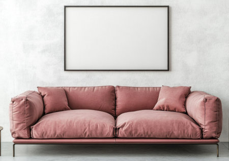Modern living room with a pastel pink sofa and a blank picture frame on a white wall. --ar 7:5 --v 6.1 Job ID: 29991aca-185a-4bf9-b785-1ee7c2cf0d91の素材