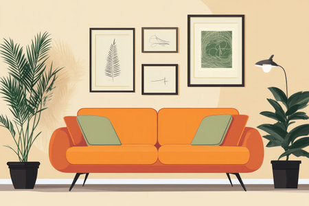 Photo of a retro living room with an orange sofa, framed posters on the wall, and potted plants. Web banner with copy space on the right. --ar 3:2 --v 6.1 Job ID: 2f65eee5-312b-4645-be36-06829dbe7e5dの素材