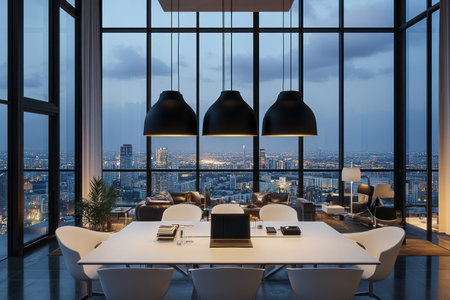 Modern office interior with white chairs, black pendant lamps, and large windows overlooking the city. The table is set up for a meeting or presentation in front of a laptop computer on it. --ar 3:2 --v 6.1 Job ID: 2a8b7b91-3266-4de5-a93b-18cf8c2d92dcの素材