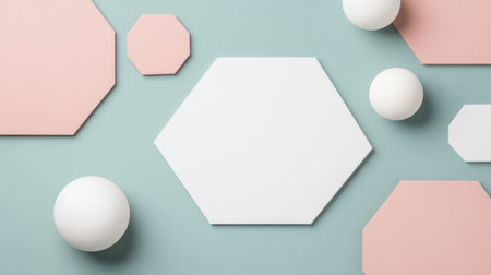 Abstract background with geometric shapes and hexagons, a technology or digital concept banner design. White space for text. Pastel colors. --chaos 30 --ar 16:9 --v 6.1 Job ID: be9f69c9-271a-45b7-8469-16366280647eの素材