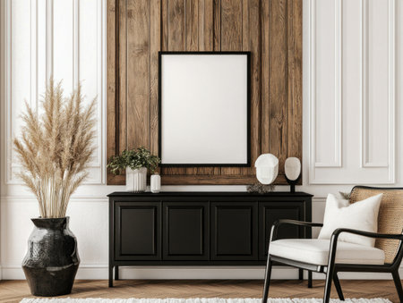 Modern interior design, a living room with a wood-paneled wall and white walls, a mockup poster frame on the empty space of the wooden panels, a black sideboard with plants in vases and an armchair, soft warm lighting, ultra-realistic photography. --ar 4:3 --v 6.1 Job ID: 909da4a3-2f5f-433d-b782-b4ff40114547の素材