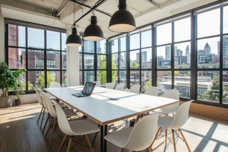 Modern office interior with white chairs, black pendant lamps, and large windows overlooking the city. The table is set up for a meeting or presentation in front of a laptop computer on it. --ar 3:2 --v 6.1 Job ID: 2a8b7b91-3266-4de5-a93b-18cf8c2d92dcの素材