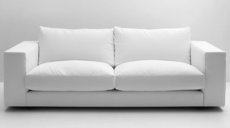 Minimalist living room with a white sofa and an empty picture frame mockup on the wall, captured in high definition by a Canon EOS camera --chaos 30 --ar 16:9 --v 6.1 Job ID: 30d30311-89e1-4a38-b376-af44b7650382の素材