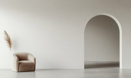 Photo of a blank white wall with an arched doorway leading to the living room, showcasing contemporary interior design. Web banner with copy space on the right. --ar 5:3 --v 6.1 Job ID: c3e6b0fd-ba82-464e-bb10-98c3efcb407fの素材