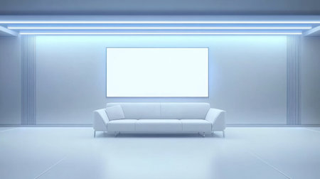 Minimalist living room with a white sofa and an empty picture frame mockup on the wall, captured in high definition by a Canon EOS camera --chaos 30 --ar 16:9 --v 6.1 Job ID: 30d30311-89e1-4a38-b376-af44b7650382の素材