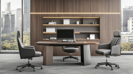 Modern interior design of an office with a grey and wood color palette, two chairs, a desk with a computer monitor on it, shelves behind the table with books and decorative objects, natural light coming through large windows, in the style of modern style, high-resolution photography, high-quality details, ultra-realistic photography, cinematic lighting. --chaos 30 --ar 16:9 --v 6.1 Job ID: 6055307a-9485-462d-b2dd-835f42a5d63aの素材