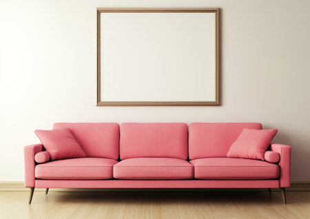 Modern living room with a pastel pink sofa and a blank picture frame on a white wall. --ar 7:5 --v 6.1 Job ID: 29991aca-185a-4bf9-b785-1ee7c2cf0d91の素材
