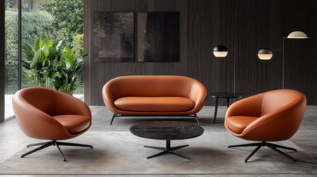 Photographer Chen Man's fashionable photography style features European modern and luxurious high-end leather sofas, chairs with armrests, metal legs in black wood color, warm colors, multiple retro floor lamps, and green plants by the window of urban buildings. The living room is full of light luxury and minimalism --chaos 30 --ar 16:9 --v 6.1 Job ID: 63548a3f-1ccd-45a3-9ea5-43d0405cc00fの素材